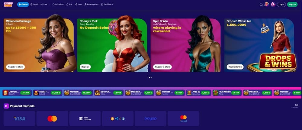 Screenshot der Cherry Casino-Startseite mit Bannern für ein Willkommenspaket, Treuebelohnungen und Live-Preis-Drops. 