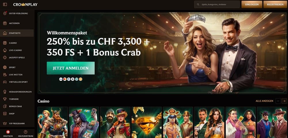 Screenshot der Crownplay Casino-Startseite mit einem Willkommensangebot von 250% bis zu CHF 3.300 + 350 Freispiele + 1 Bonus Crab. 