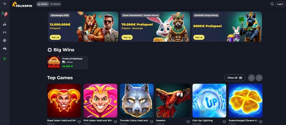Screenshot der Felixspin Casino-Startseite mit Werbebannern für Spinleague 2023, Easter Wonderland und BCARING Drops Frenzy. 