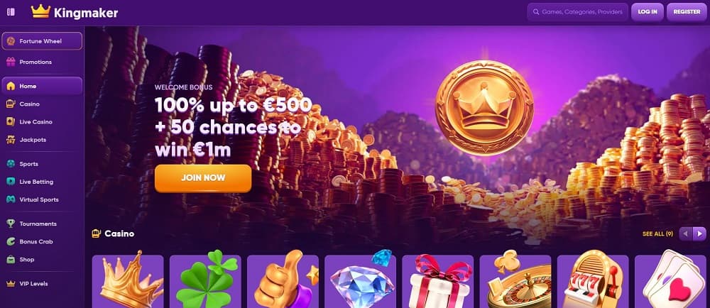 Screenshot der Kingmaker Casino-Startseite mit lila Design, Navigationsmenü links und Banner mit dem Angebot '100% bis zu 500 € + 50 Chancen, 1 Mio. € zu gewinnen.' 